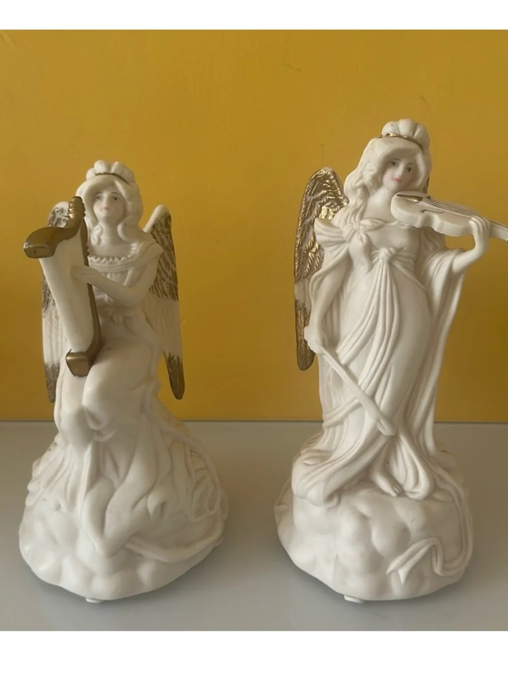 Set of 2 White Ceramic Angel Figurines w/ Harp and Violin Table Décor Sculptures